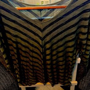 Olive green and black striped three-quarter inch sleeve top